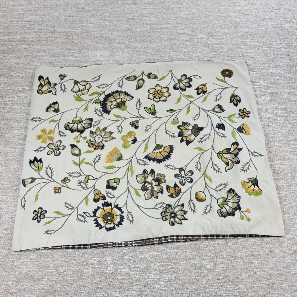 IKEA Alvine Lov Embroidered Floral Pillow Cover 20x24 Cream Cotton Plaid Back - Picture 5 of 16